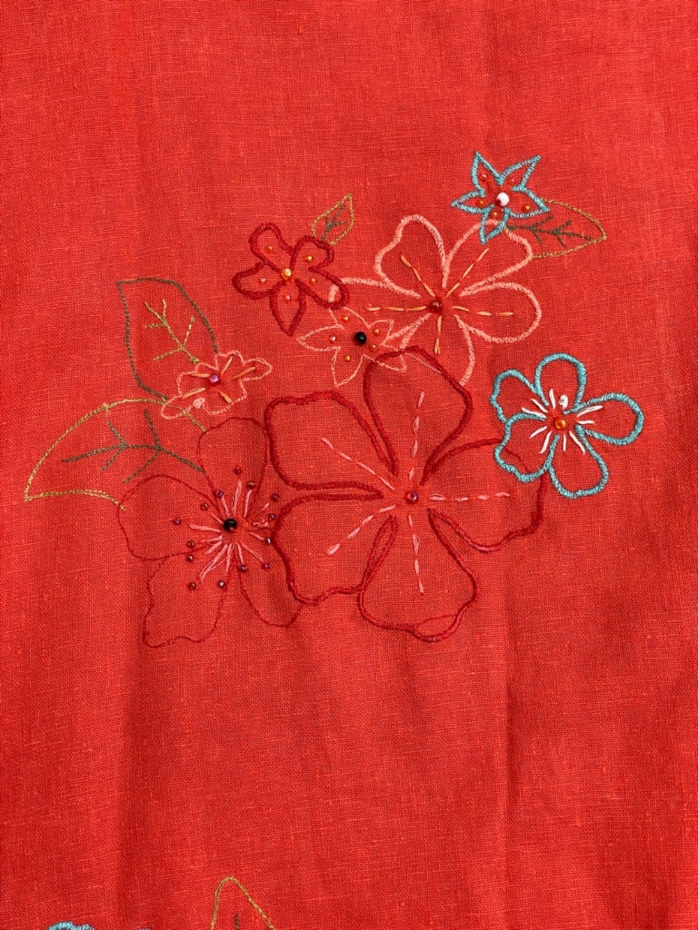 Muse Vintage Orange Linen Embroidered Asymmetrical Fringe Hem Midi Skirt - Picture 9 of 12